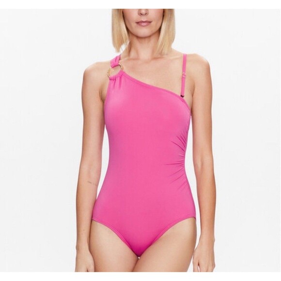 Michael Kors Embellished One-Shoulder Underwire One Piece Swimsuit Pink Sz 12 Ne - Picture 1 of 7